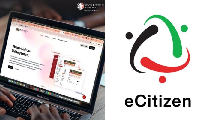 File image of someone on the KRA tab on eCitizen platform (left) and the eCitizen logo.